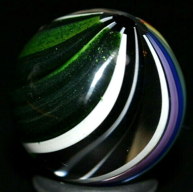 JODY FINE HANDMADE GLASS MARBLE/.880″-ZEBRA CORE w/RAINBOW & GREEN LUTZ RIBBONS-