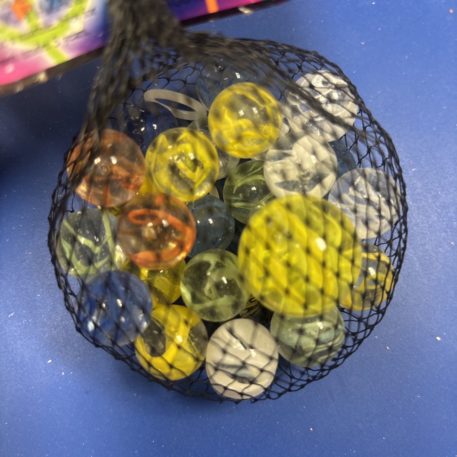 Net Bag 25 “Streamers” Glass Mega Marbles 24 Players & 1 Shooter Ribbons