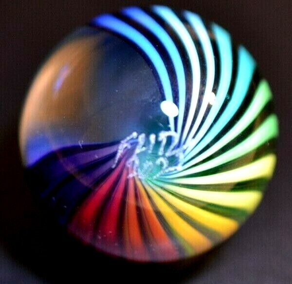FRITZ LAUENSTEIN GLASS MARBLE/1.140″-3/4 RAINBOW WEIRDO-1/4 IS CLEAR VIEW-CENTER