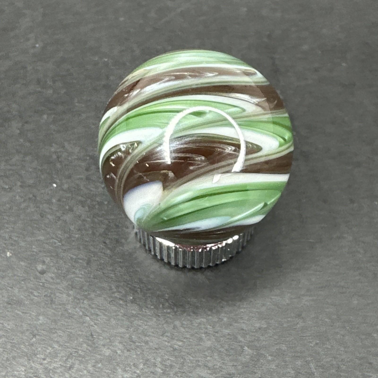 Contemporary Handmade Art Glass Marble .86″ Feathered Green Brown White Swirl UV