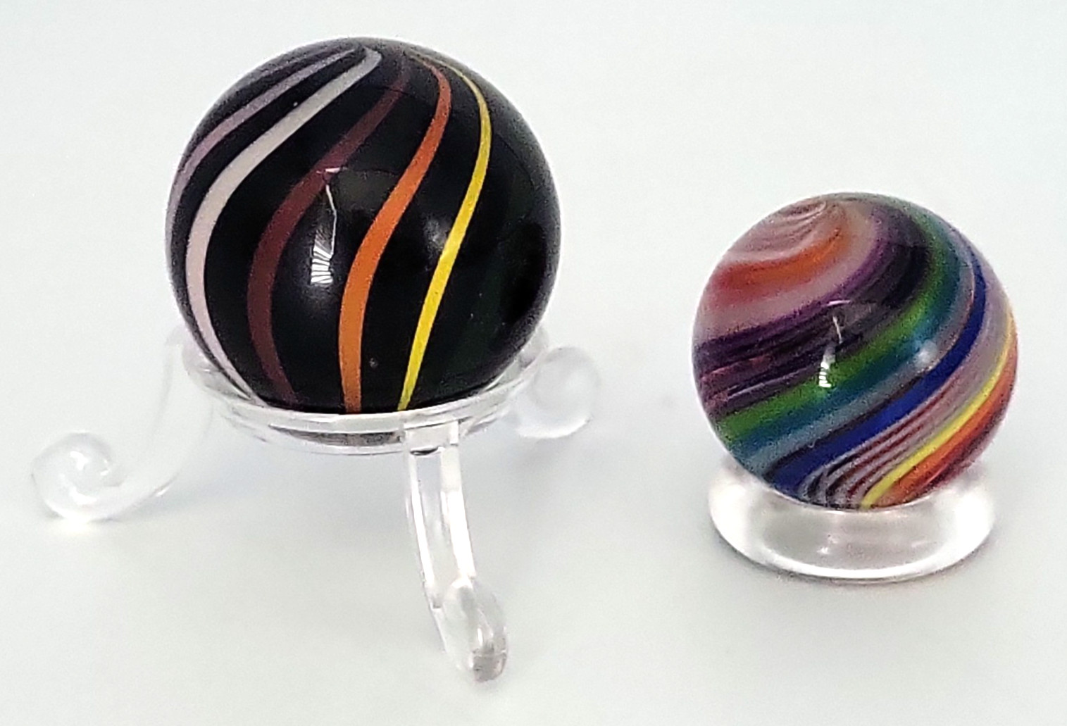 2 Contemporary Handmade Colorful Ribbon Marbles w/Stands Possibly Jody Fine