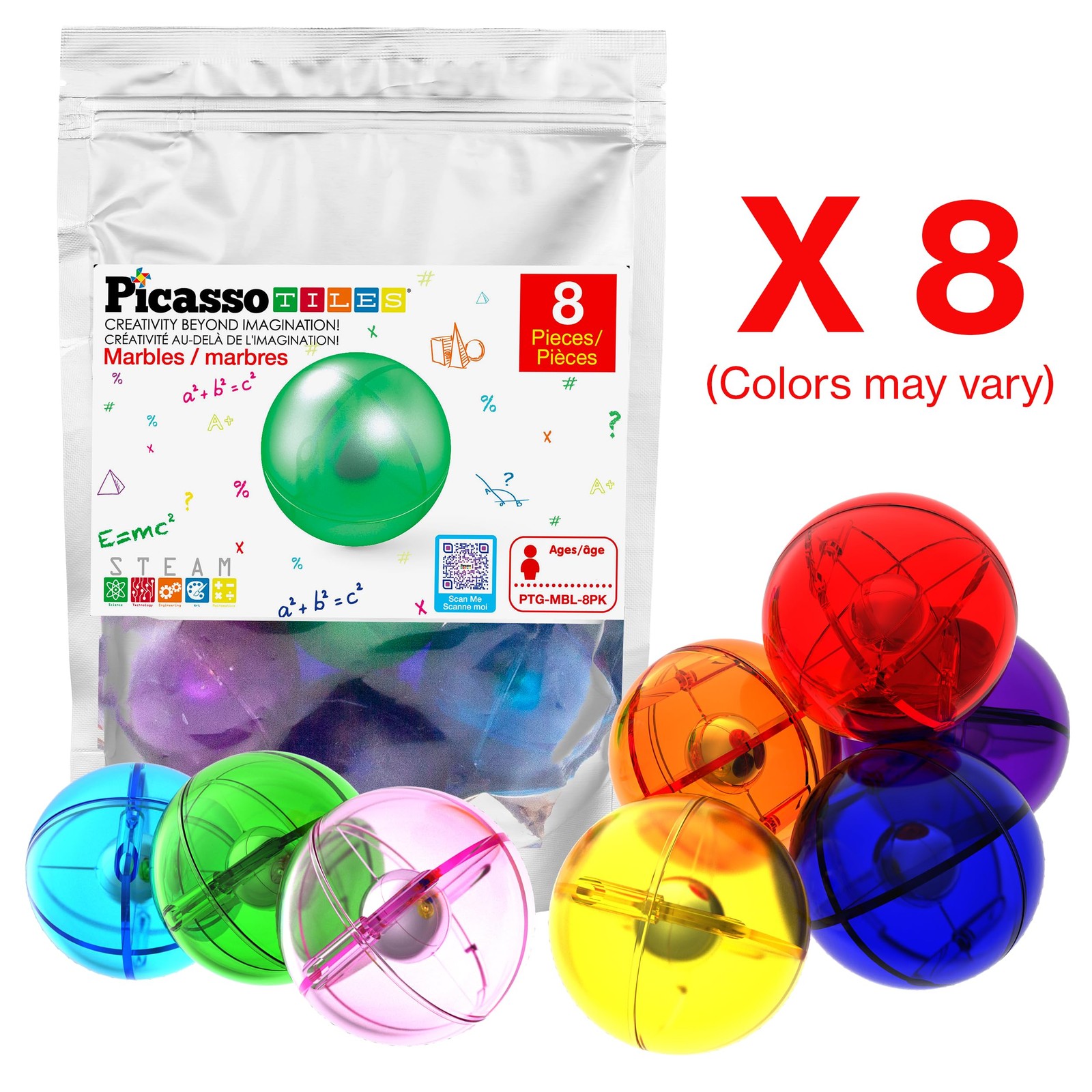 PicassoTiles 8pc Marbles for 6.5*4.5*1.25in, Marble Run