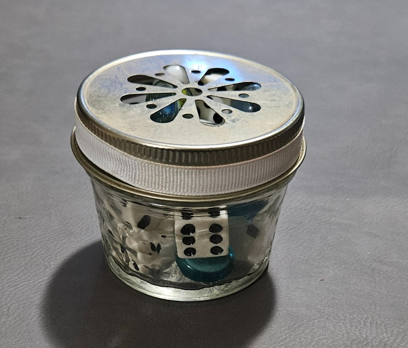 Small Lot of Vintage Marbles and Dice in Glass Jar