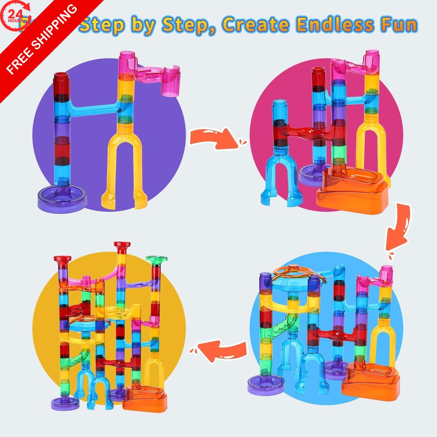 EagleStone 79PCS Transparent Glow Marble Run Construction Maze 79pcs