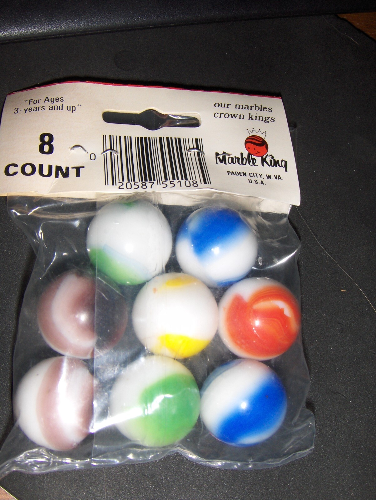 New Old Stock MARBLE King BOWLERS 8 MARBLES IN ORIGINAL PACK, 7/8 inch