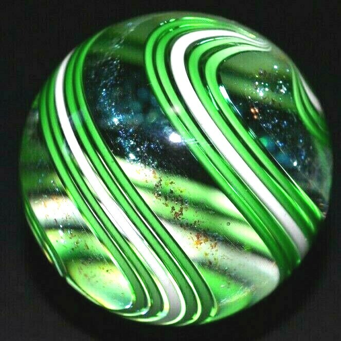 JAMES ALLOWAY GLASS MARBLE/1.249″-LIME DICHROIC SWIRL#3158-DICHROIC SAPPHIRE +