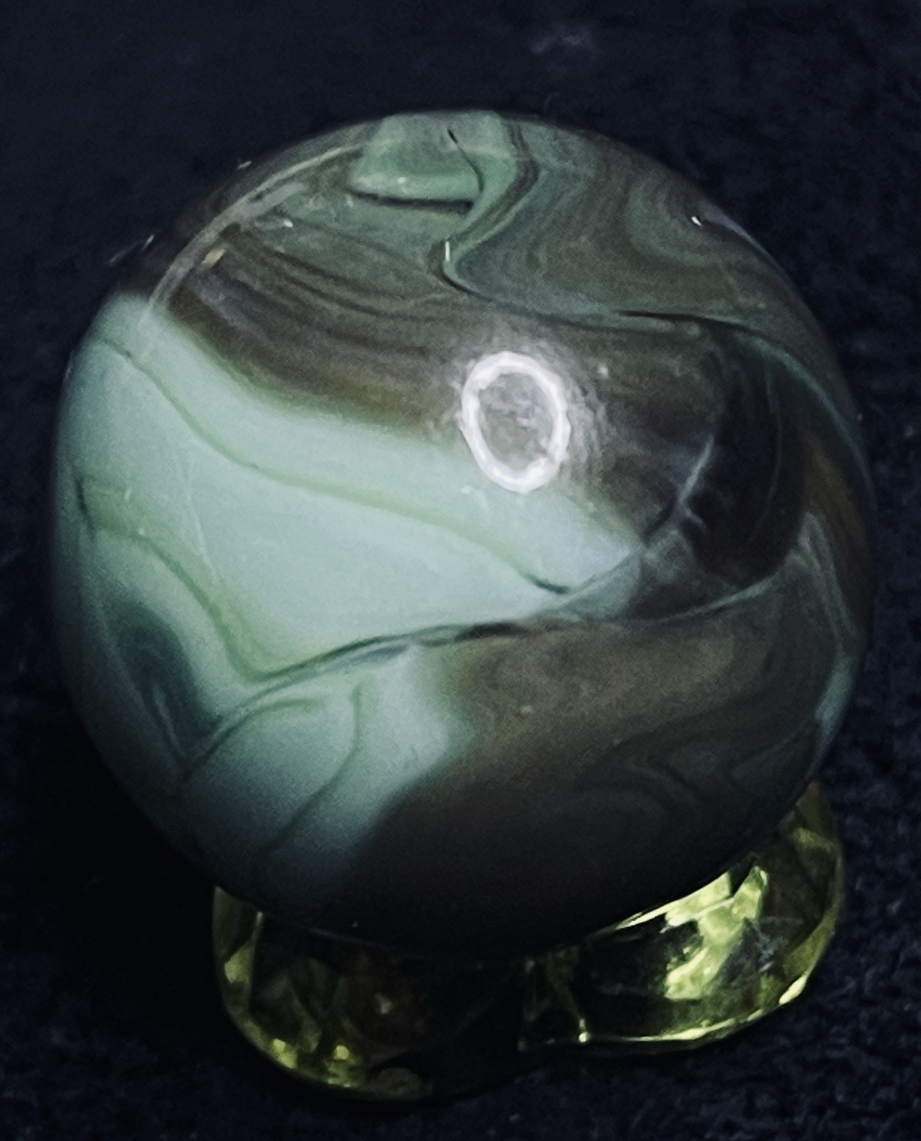 Master Marble Vintage .885” HTF Swirl Shooter. Earthy Greens, Browns & Purple.