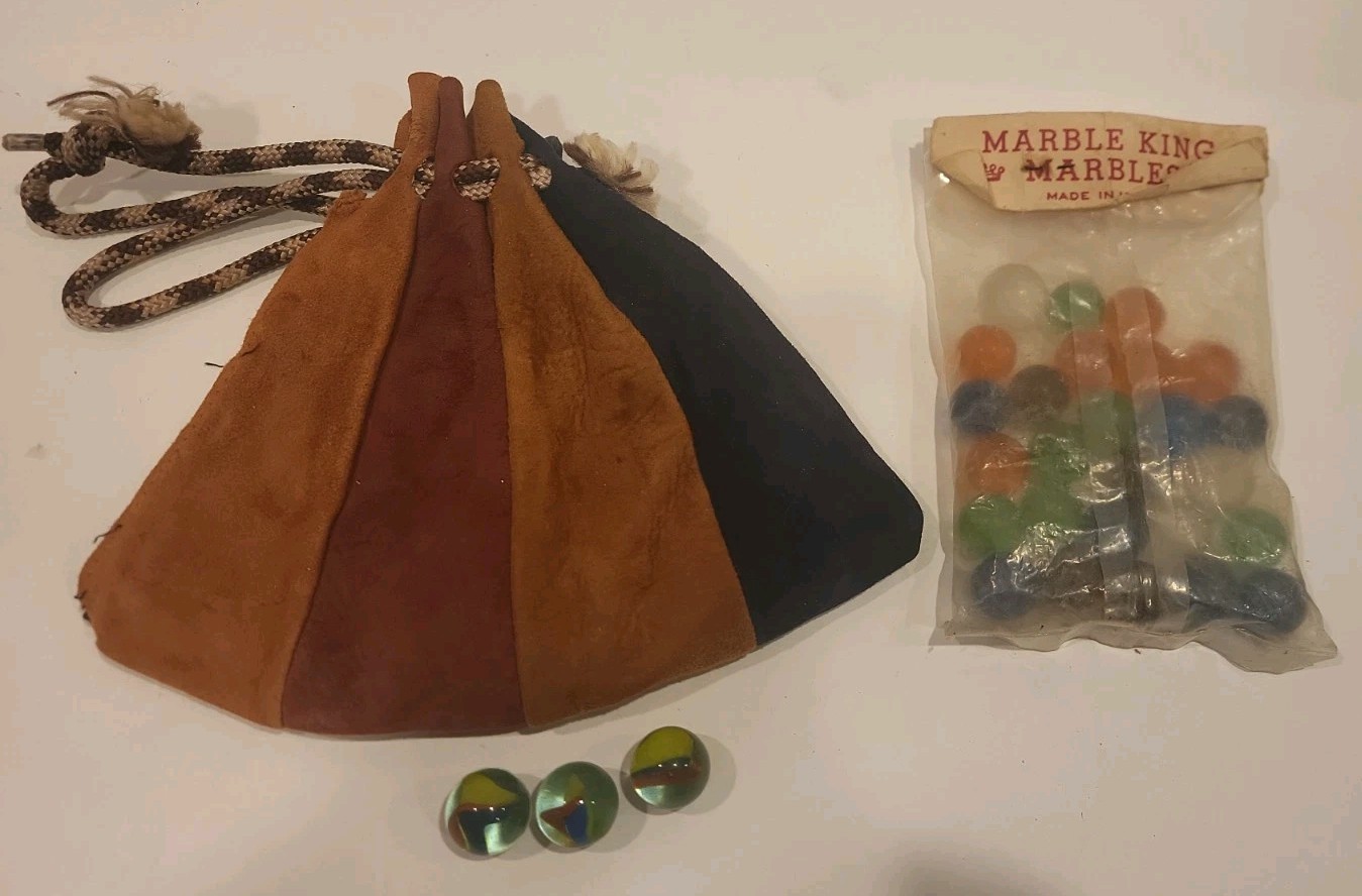 Vintage Marble King Marble Set Suede Pouch 3 Swirls 1960s Original Package Glass
