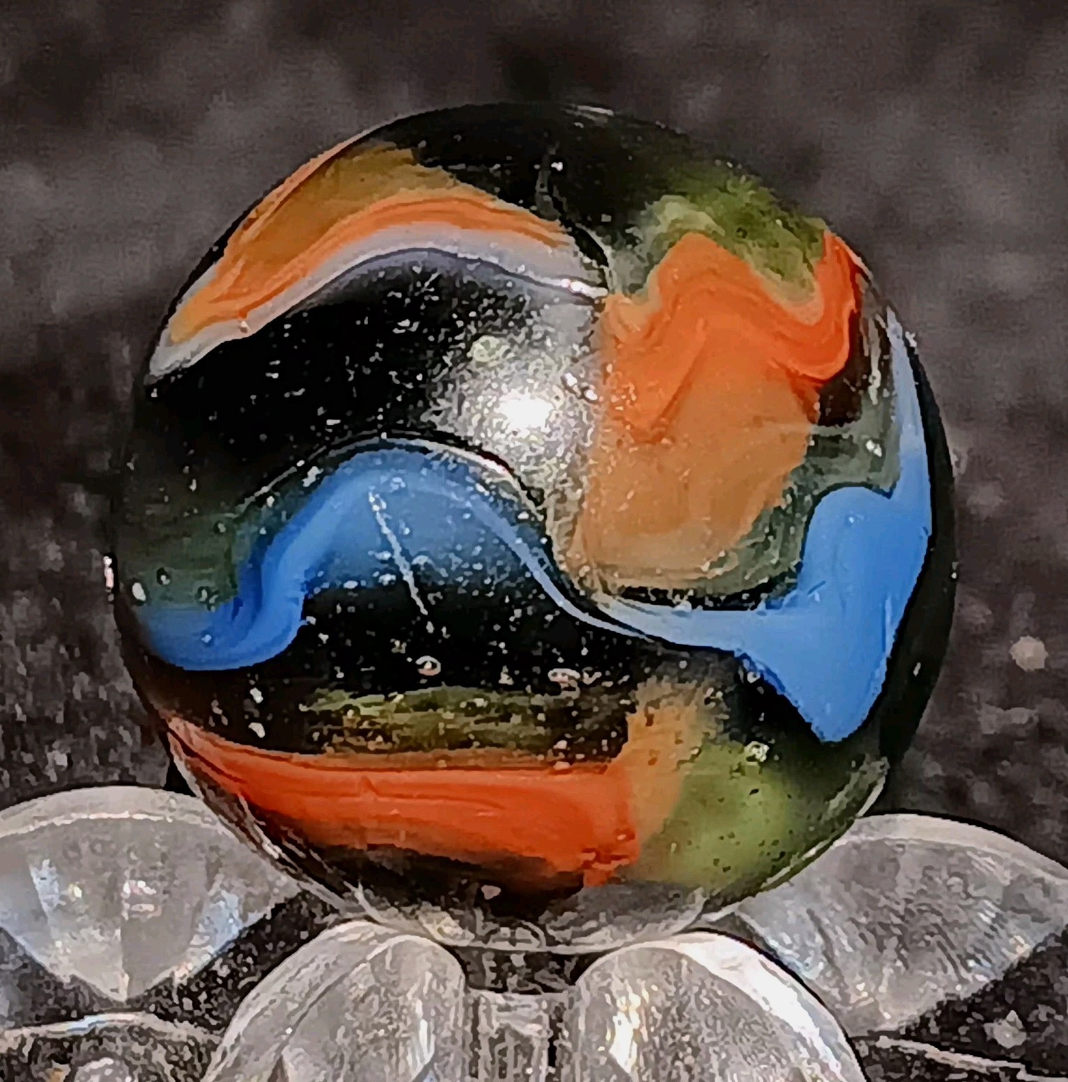 Vintage Pelter Glass Multi-Color Swirl Marble. 61″ Nm. Uv Active.