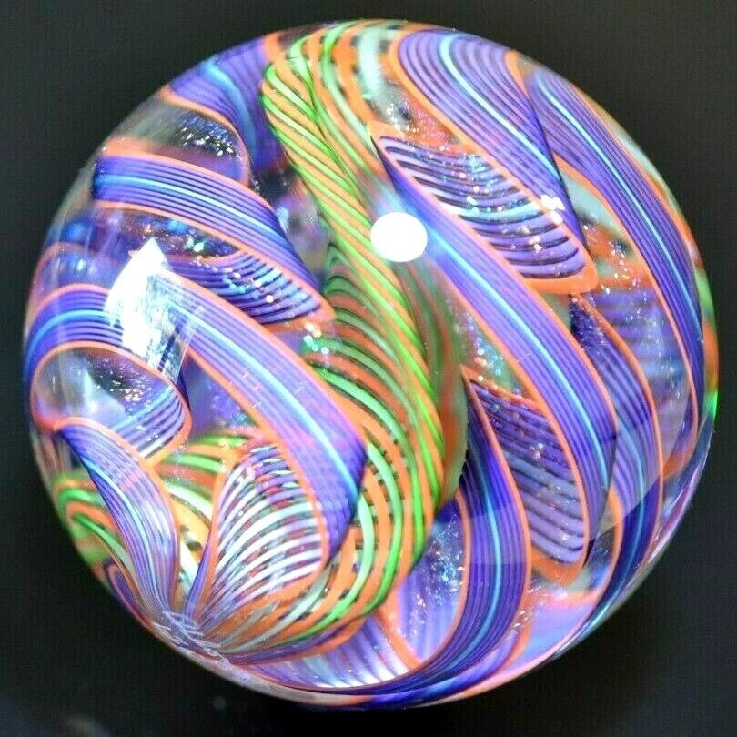 JAMES ALLOWAY HANDMADE MARBLE/2.517″-SUPERNOVA 2 #130-ORANGE/LIME LATTICINIO