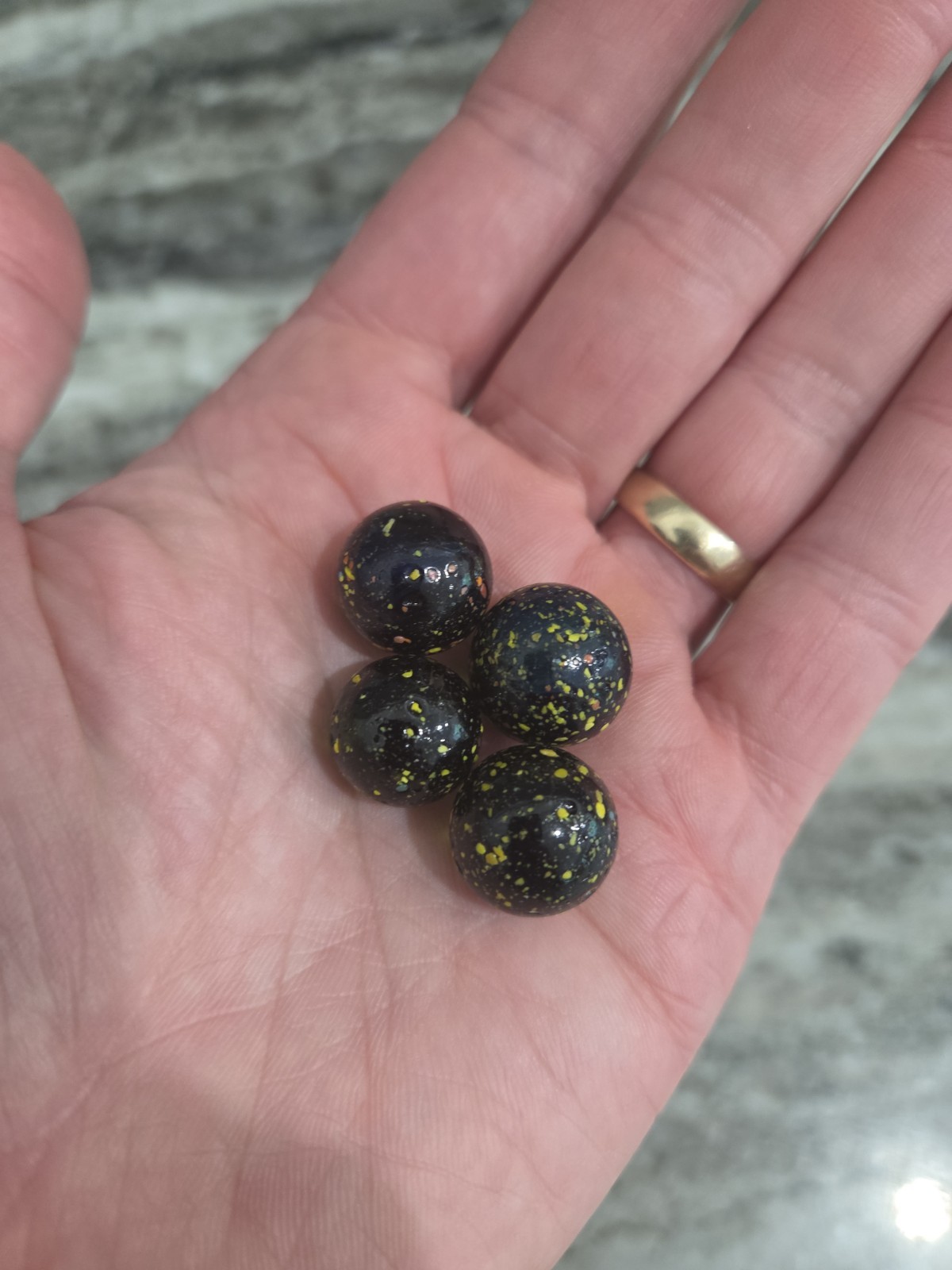 Vacor ? Destroyer Confetti Marbles Lot of 4 Glass Dark Yellow Specs Vintage