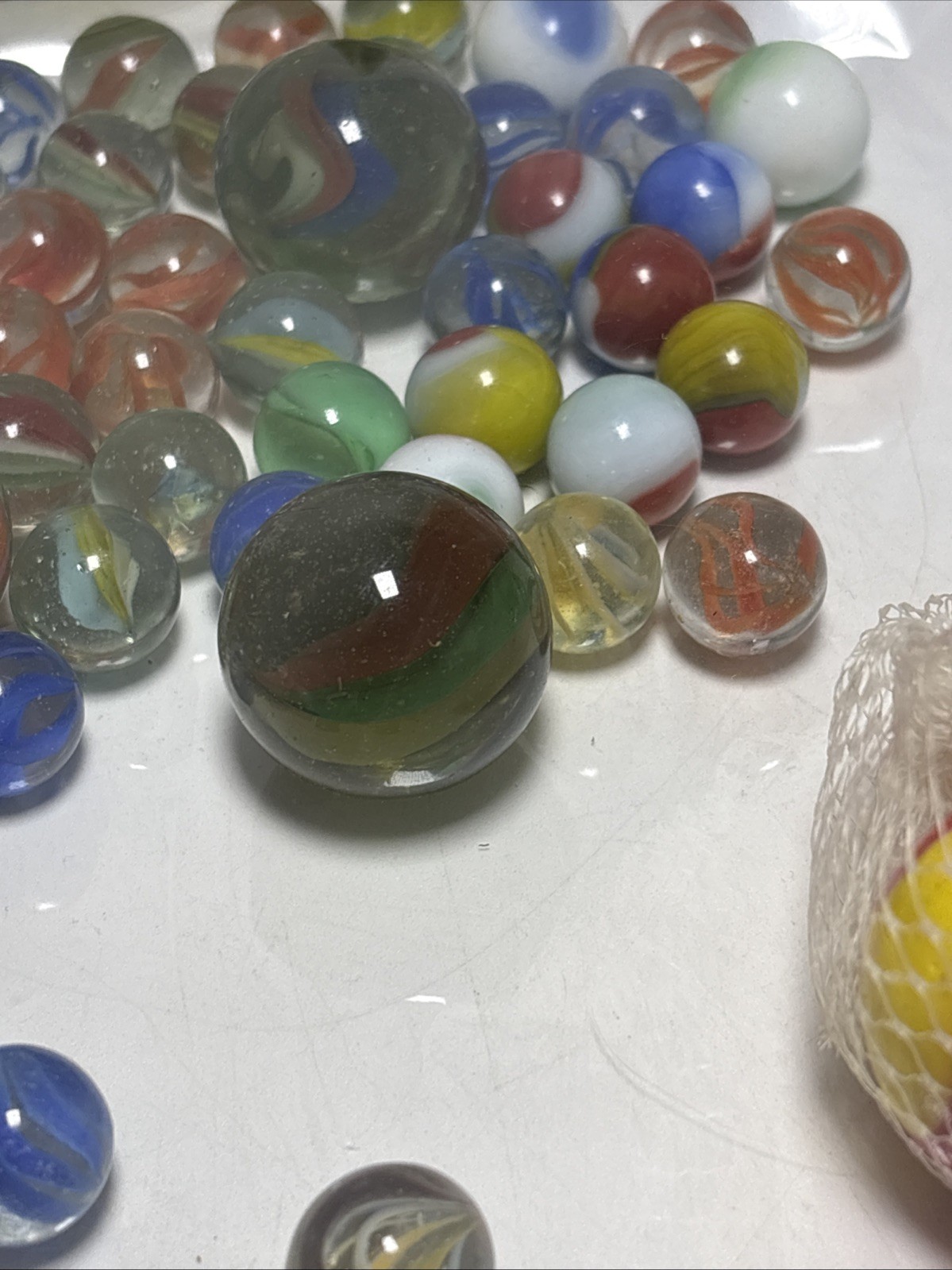 Vintage Marble Mixed Lot Various Sizes Colors Marbles Leather Pouch