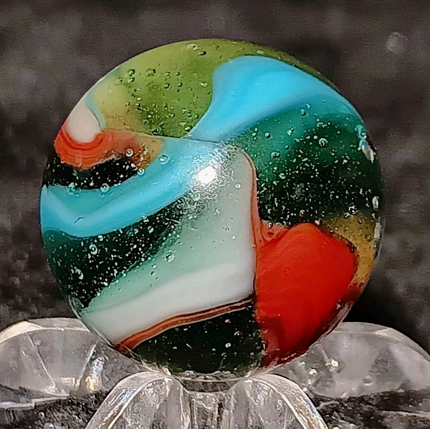 Vintage Pelter Glass NLR Multi-Color Rainbo Marble. W-Oxblood. .66″ Mint. HTF