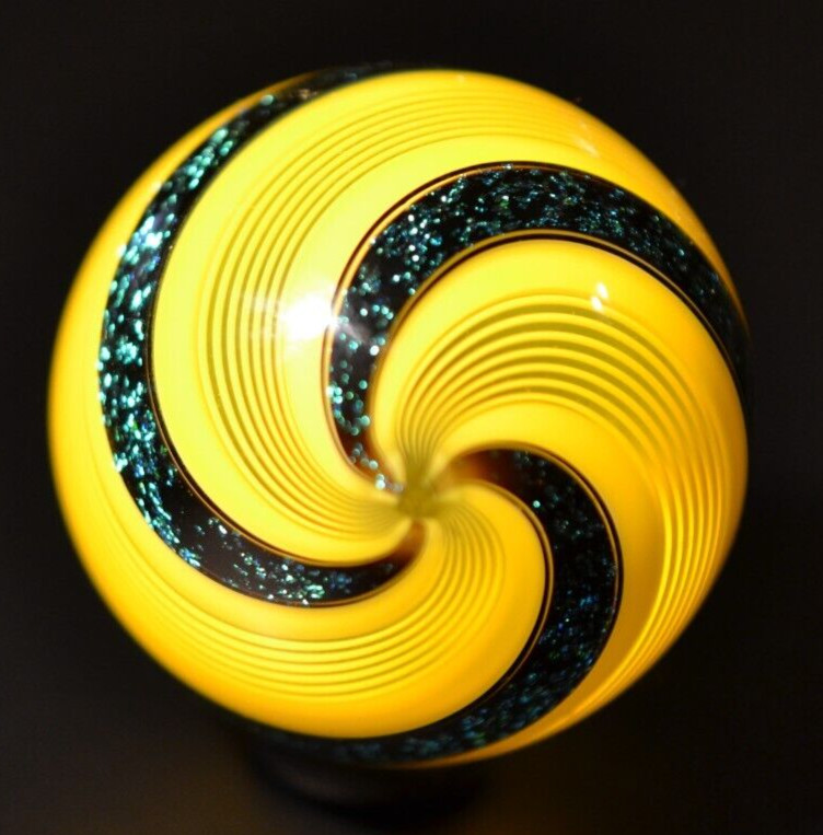 HOT HOUSE GLASS MARBLE/1.712″-SUNFLOWER W/TURQUOISE BANDED FINE LINER #319-FAST
