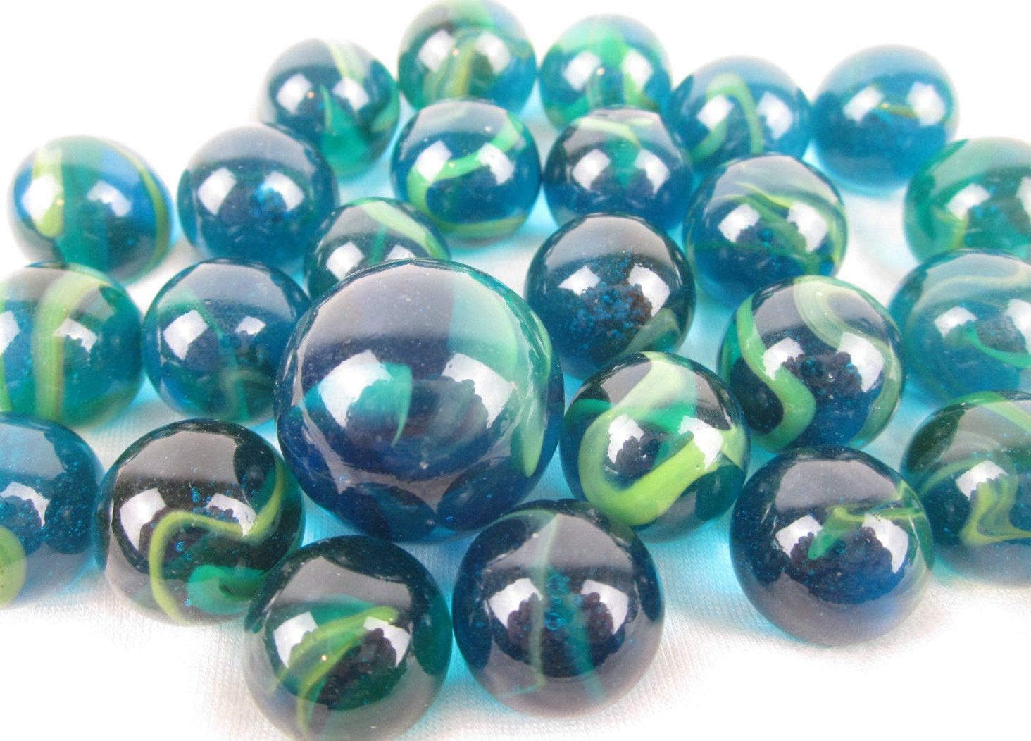 ~25 Glass Marbles SEA Turtle Blue/Green Translucent Swirl Classic Style Game Pac