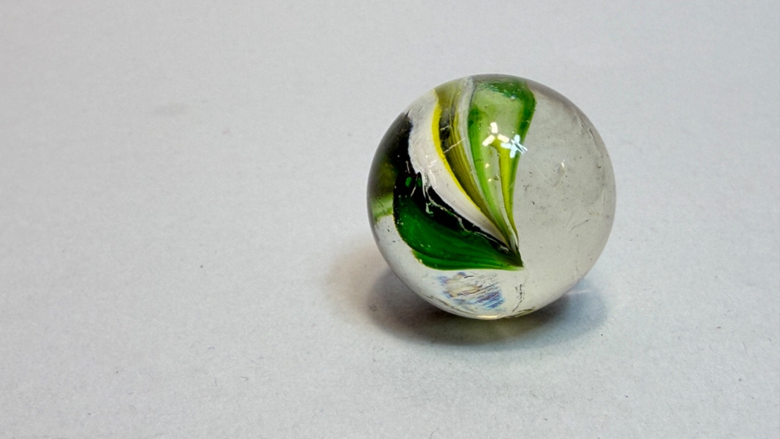 German Blown Glass Marble Naked Razor Single Divided Ribbon Green White 1.1”