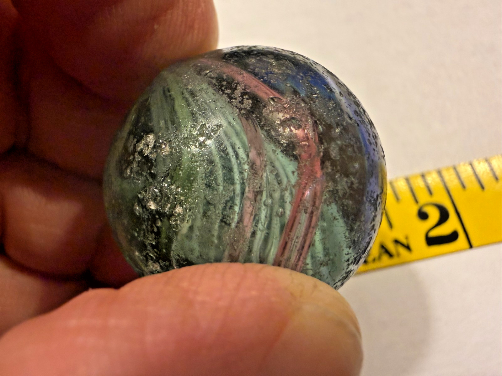 1″ ANTIQUE HANDMADE GERMAN MARBLE, WHITE Latticino CORE, Pink, Blue Ribbon