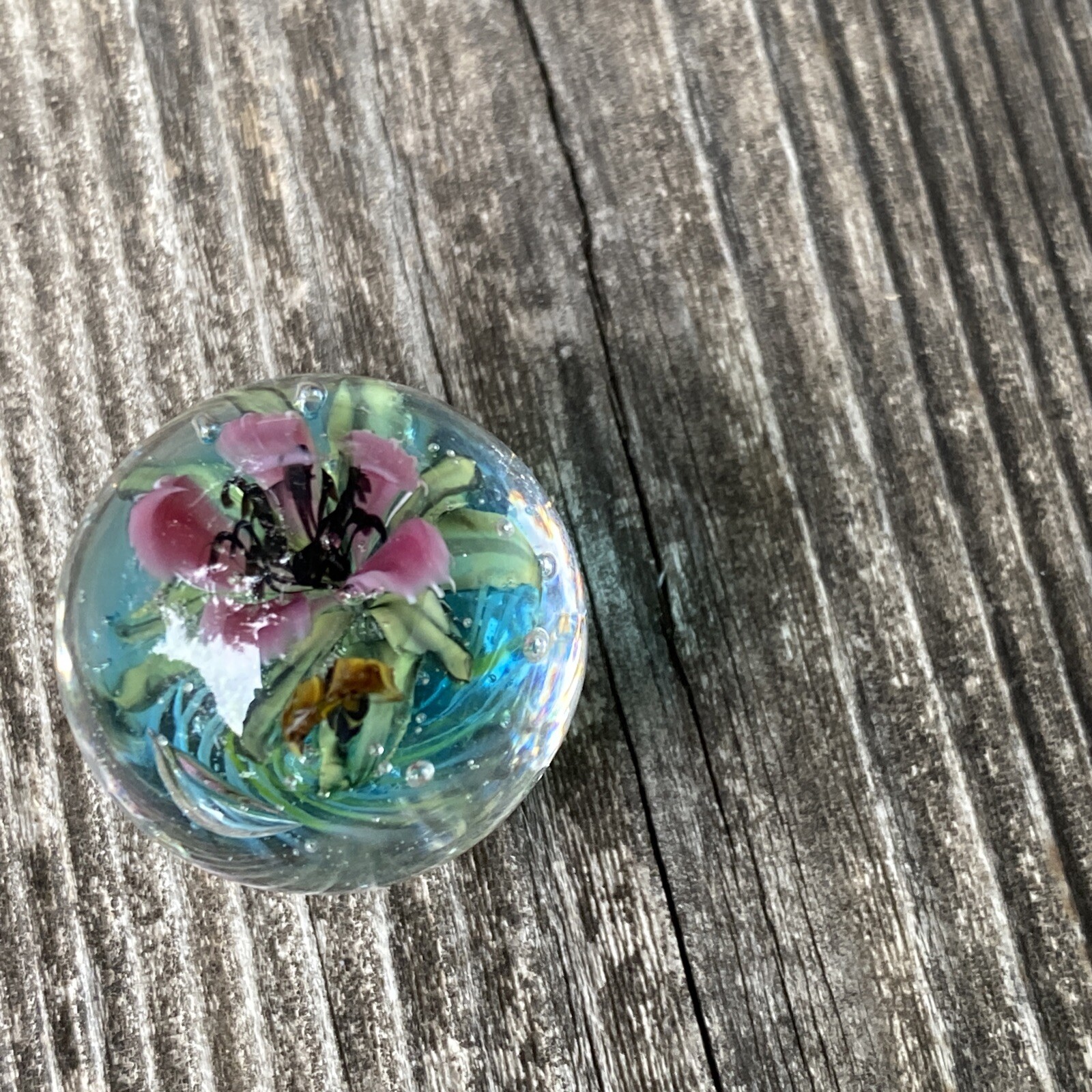 Pink Tiny Full Bloom Floral Murrini Handmade Glass Marble With Tiny Bee