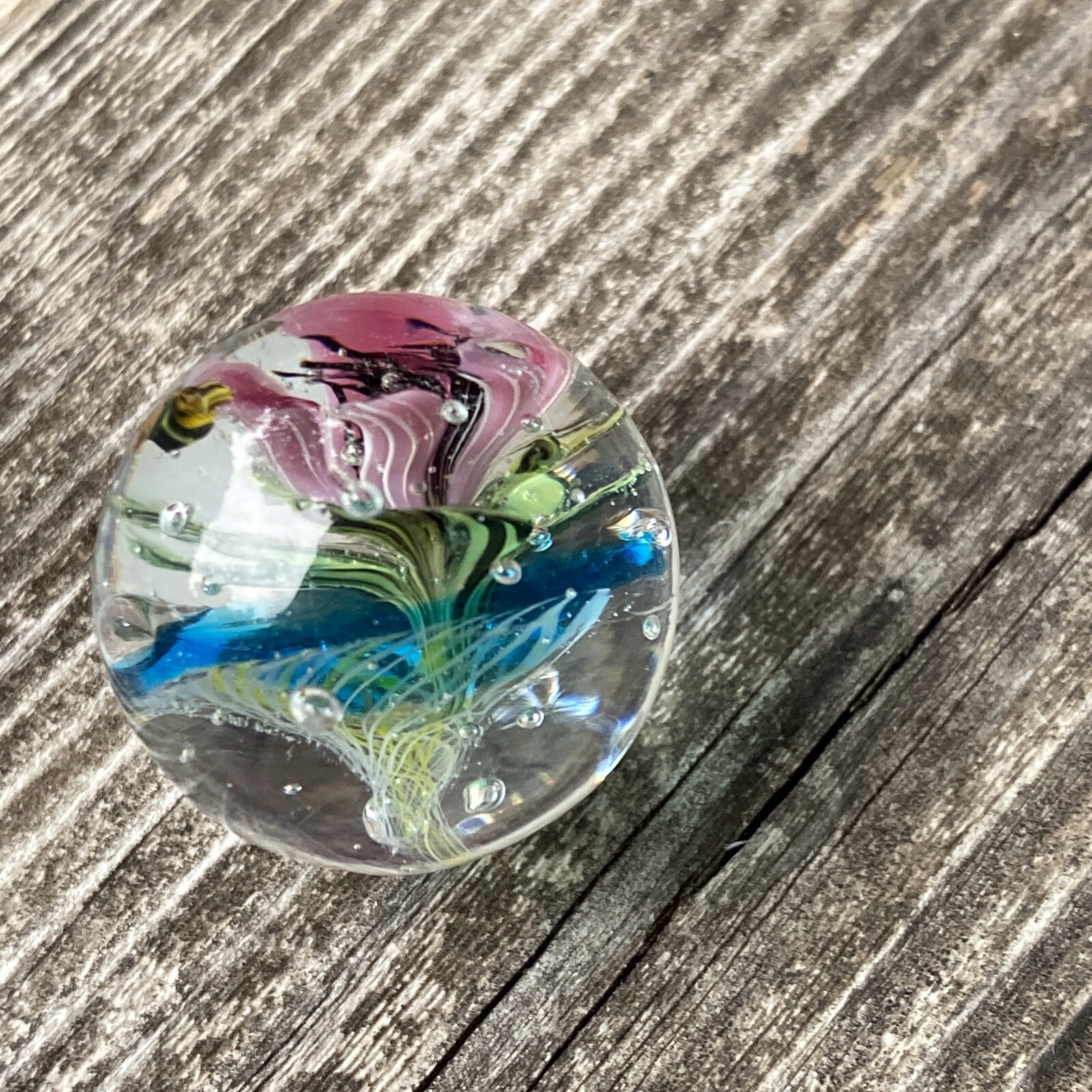 Pink Tiny Full Bloom Floral Murrini Handmade Glass Marble With Tiny Bee