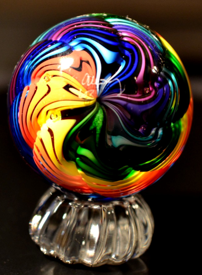 JAMES ALLOWAY GLASS MARBLE/2.743″-RAELYNBOW #63-10 COLOR RAINBOW-WORLDWIDE FAST