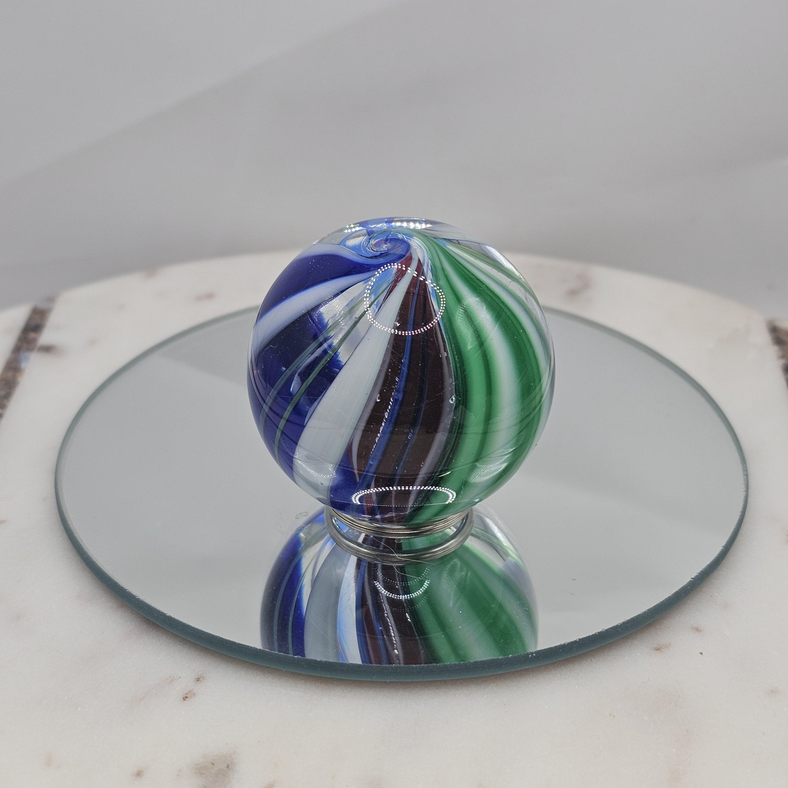 Hand Blown Art Glass Paperweight 47 mm Swirl Sphere Blue Green White Marble Orb