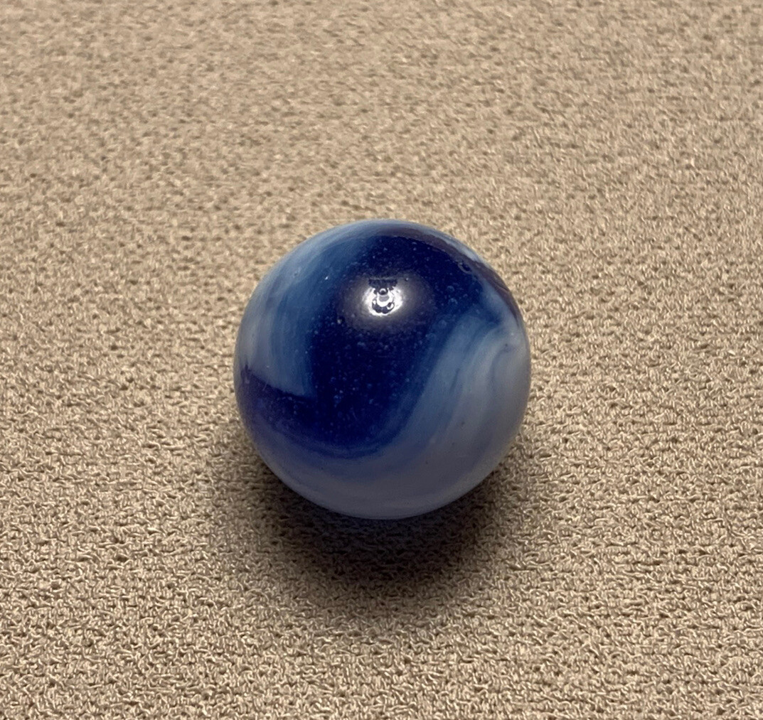 Vtg Vitro Agate Peltier Glass Co White Blue Patch Transparent Glass Marble .588”