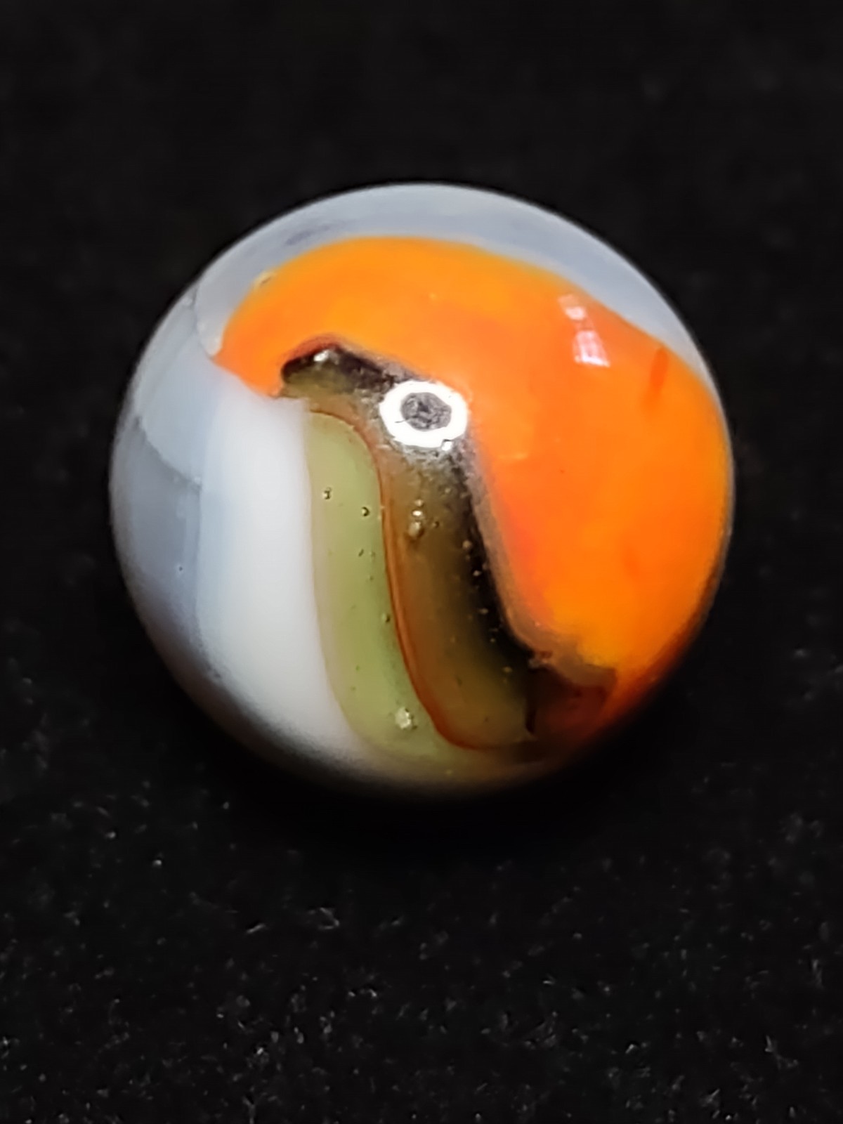 Orange & White Ribbon on Green Base Glass RAINBO PELTIER Vintage Marble .63″