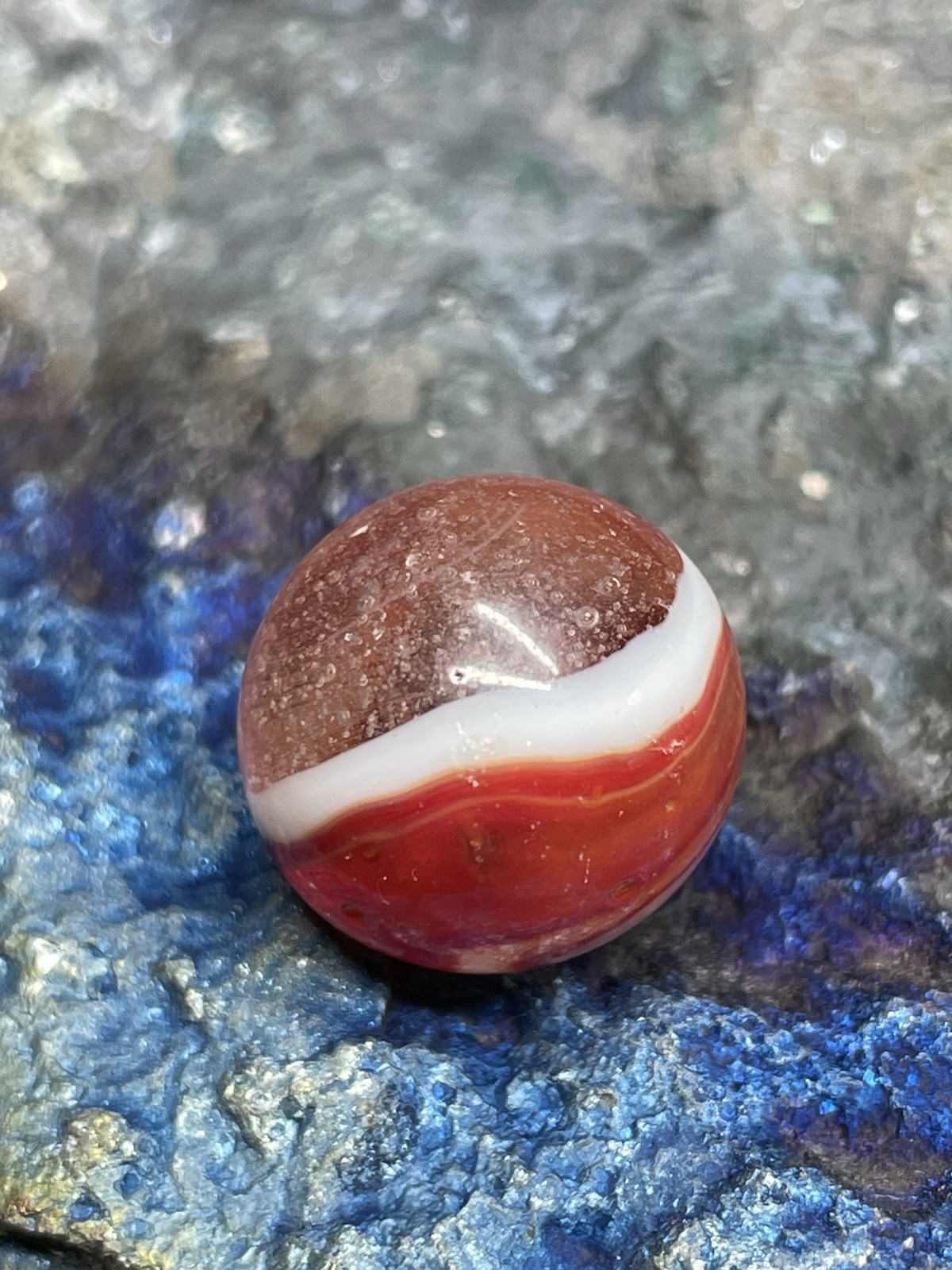 BEAUTIFUL Akro Agate Peltier Art Swirl NM Marble .63” Red-Orange Clear White