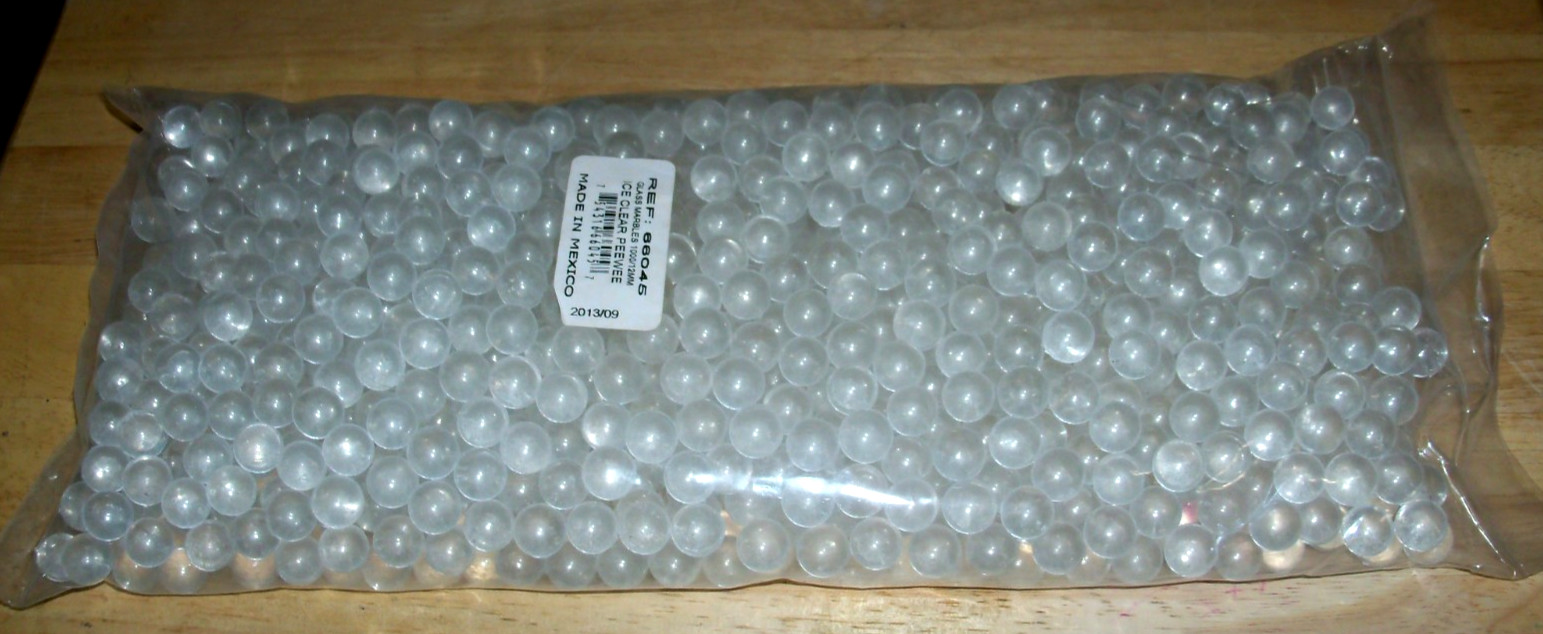 1,000- ICE CLEAR 12MM MARBLES-NEW IN MFG SEALED PLASTIC BAG. 5 LB.