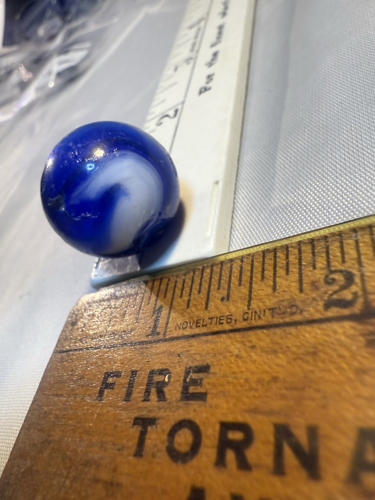 Akro Agate Corkscrew SPIRAL Shooter Marble Blue White Old Vintage Damaged