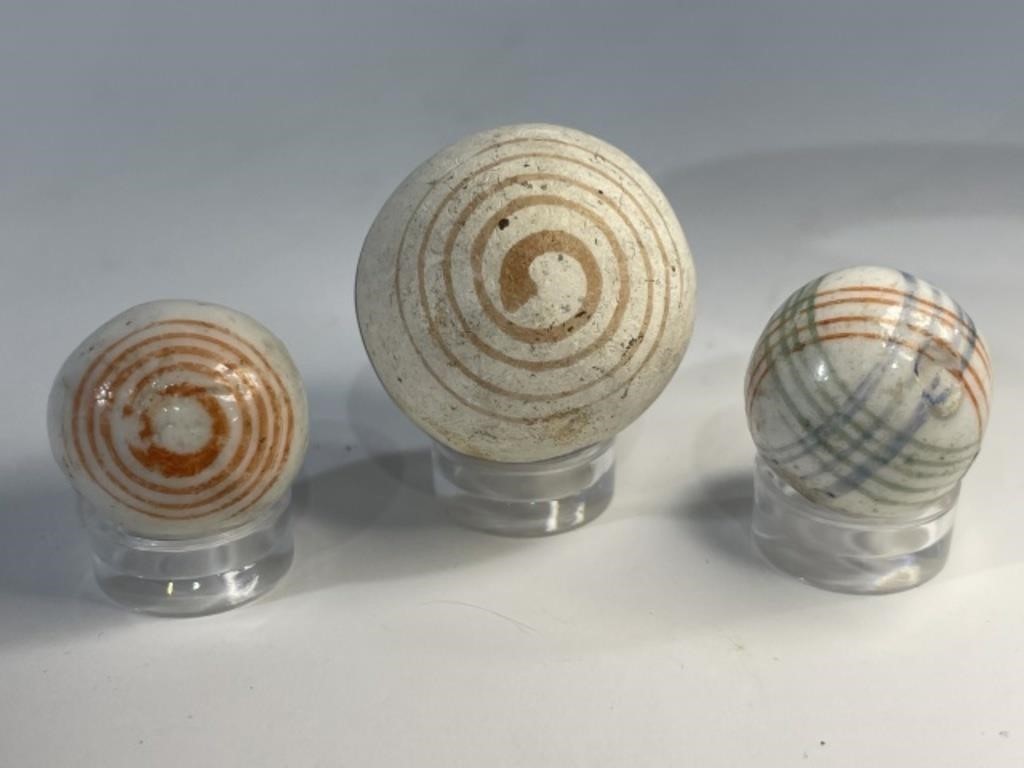 Lot of 3 Antique China Clay Marble Intersecting line Master helix swirl shooter