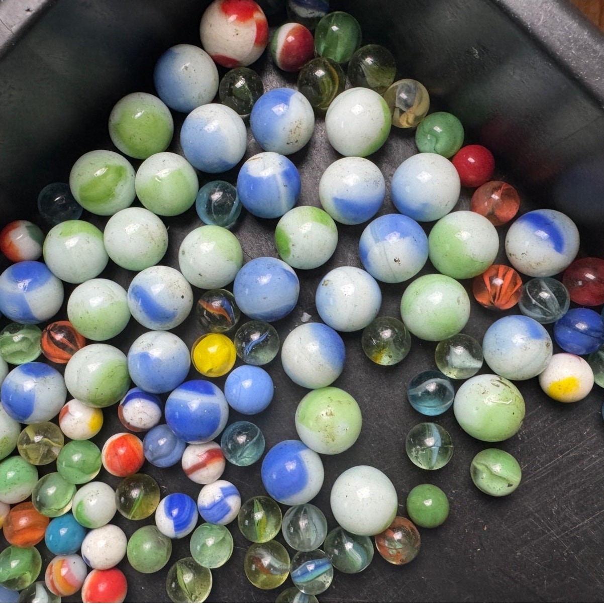 200+ VINTAGE Akro Agate Astro Bumblebee Vaseline Cadmium Shooters Marble LOT