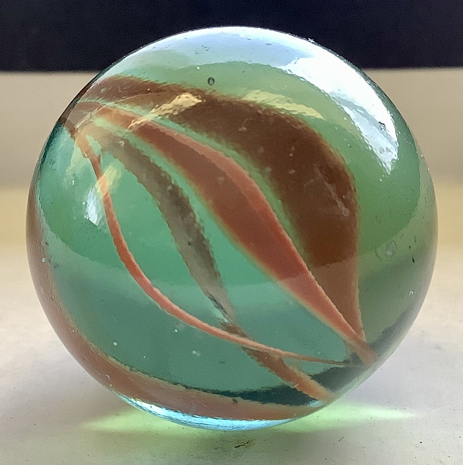 Vintage Estate Large 6 Vein Rust Red Color In Aqua Glass Shooter 1” Marble