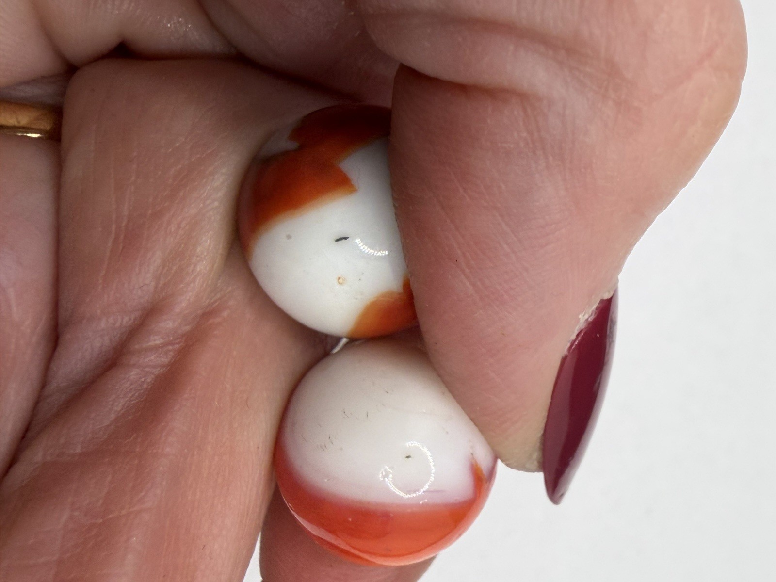 Pair Of Vintage Akro Agate Peltier Christensen Glass Swirl Marble Orange White