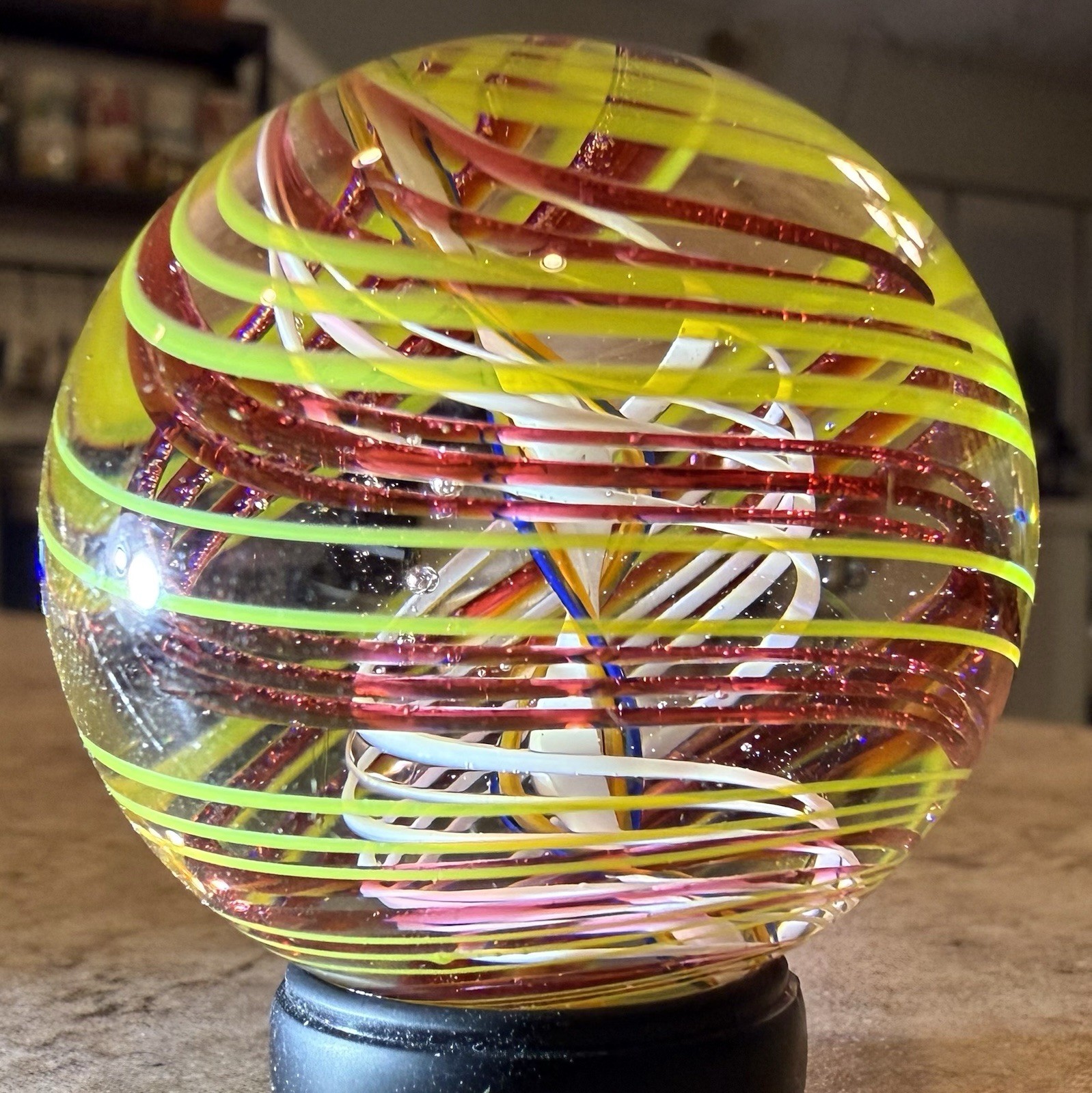 Studio Artist Signed Art Glass Marble 1.73” Latticino Ribbon Core Handmade