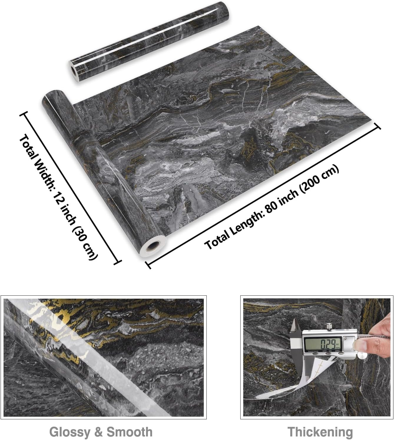 Dark Grey Gold Marble Contact Paper 12″x80″ Glossy Slate Marble Wallpaper Peel a