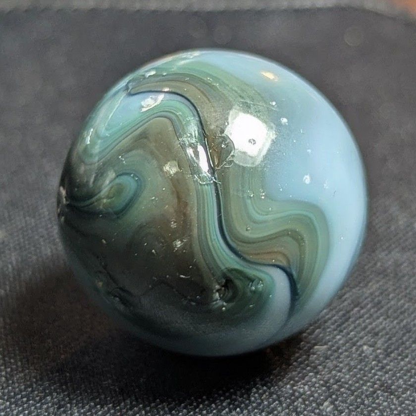 Vintage CHRISTENSEN AGATE COMPANY, Glass Swirl Marble 1” Green Gray Mud