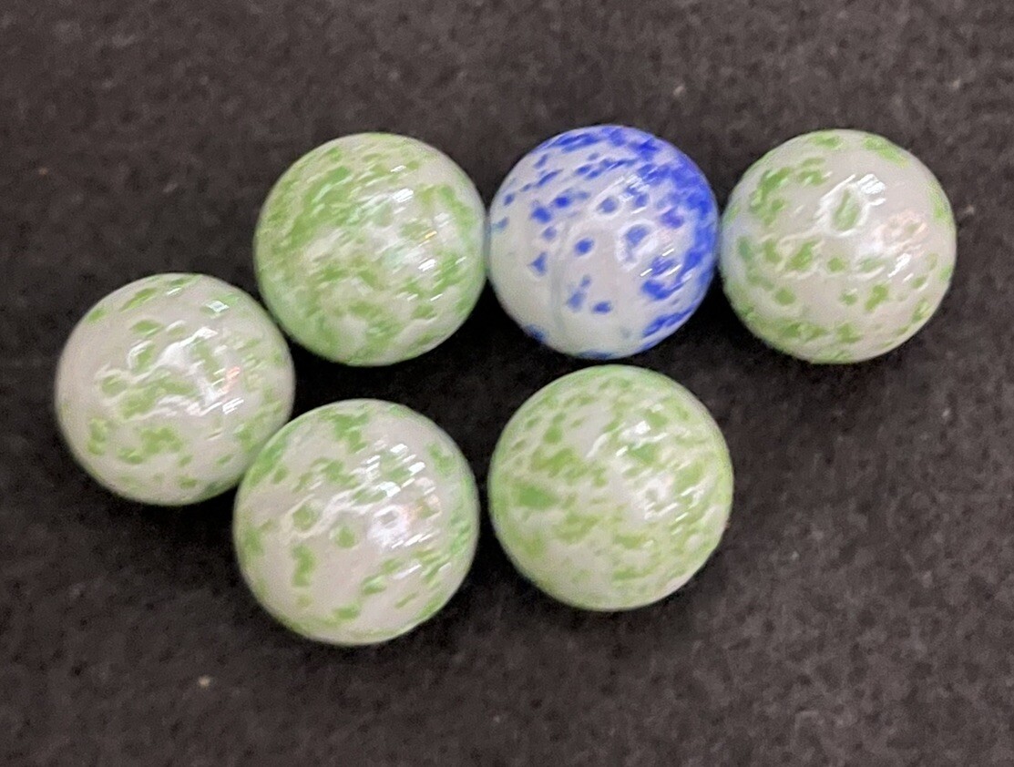 Vintage Speckled Six Marble Lot (6-Pieces) Green W/ A Blue
