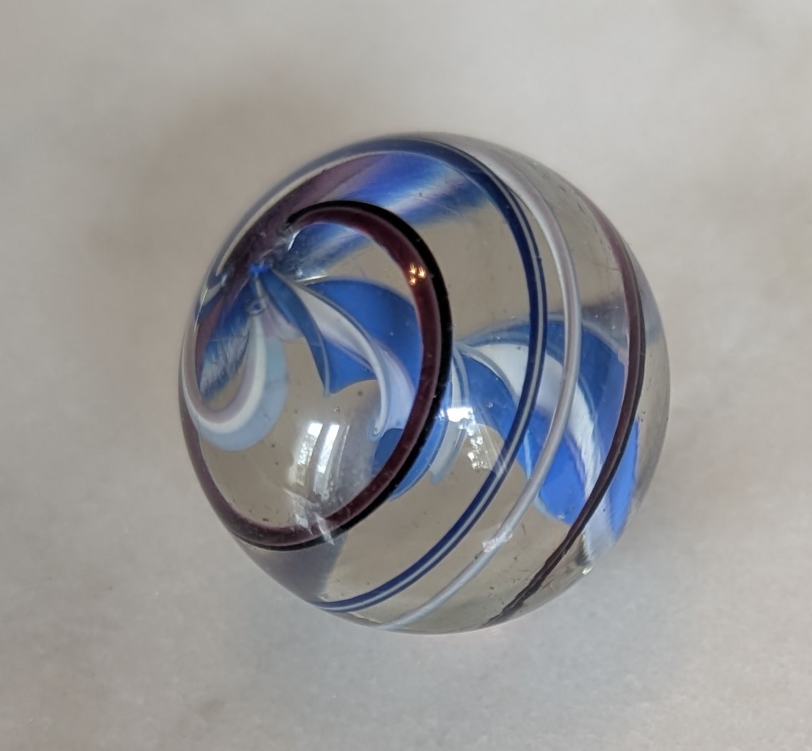 Vtg German Handmade Solid Core Swirl Marble 1.26″ Blue, White, Maroon Near Mint