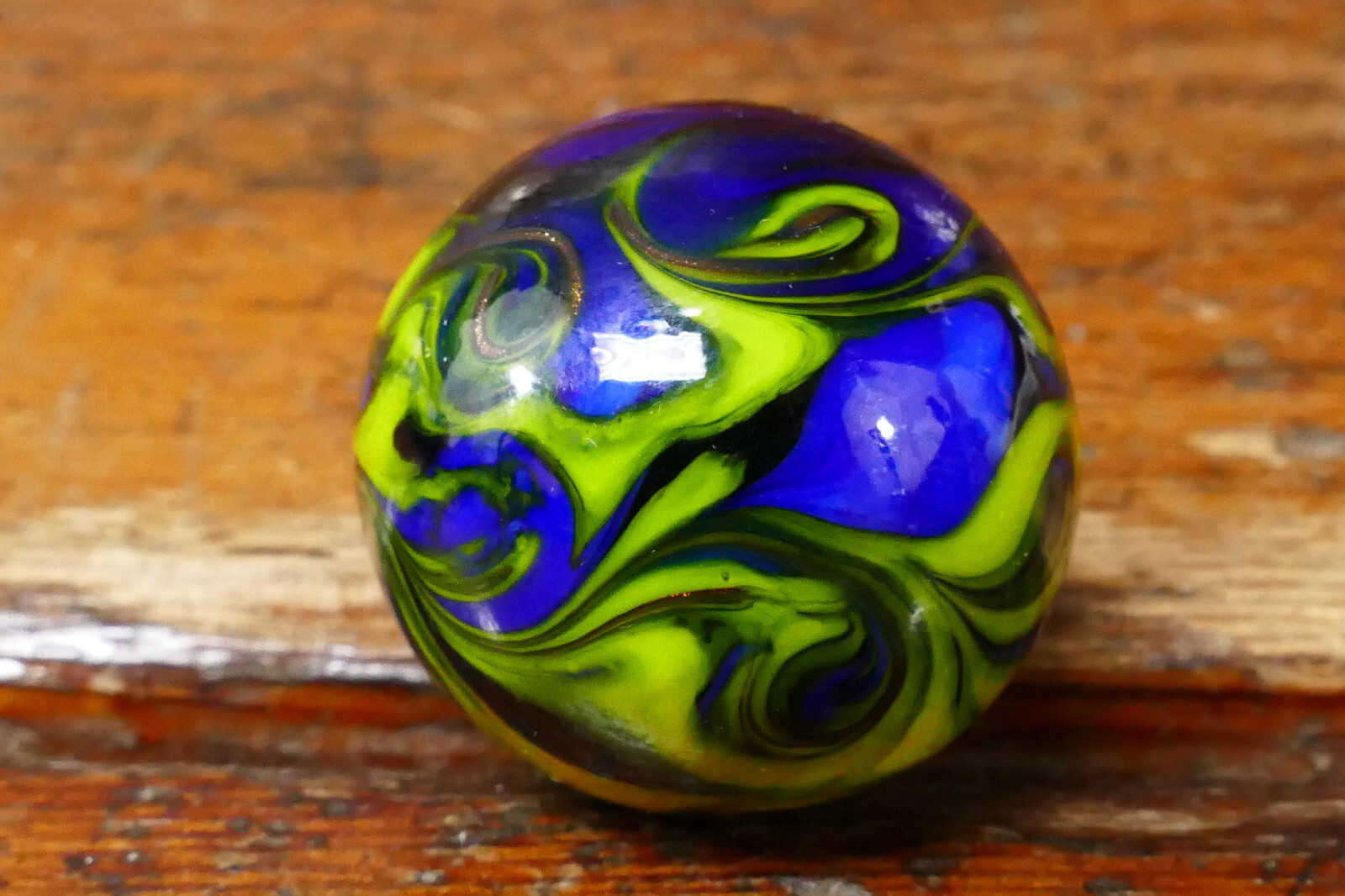 Vintage Hand Blown Art Glass Marble Blue Yellow & Green Swirl – 1 3/16” Diameter