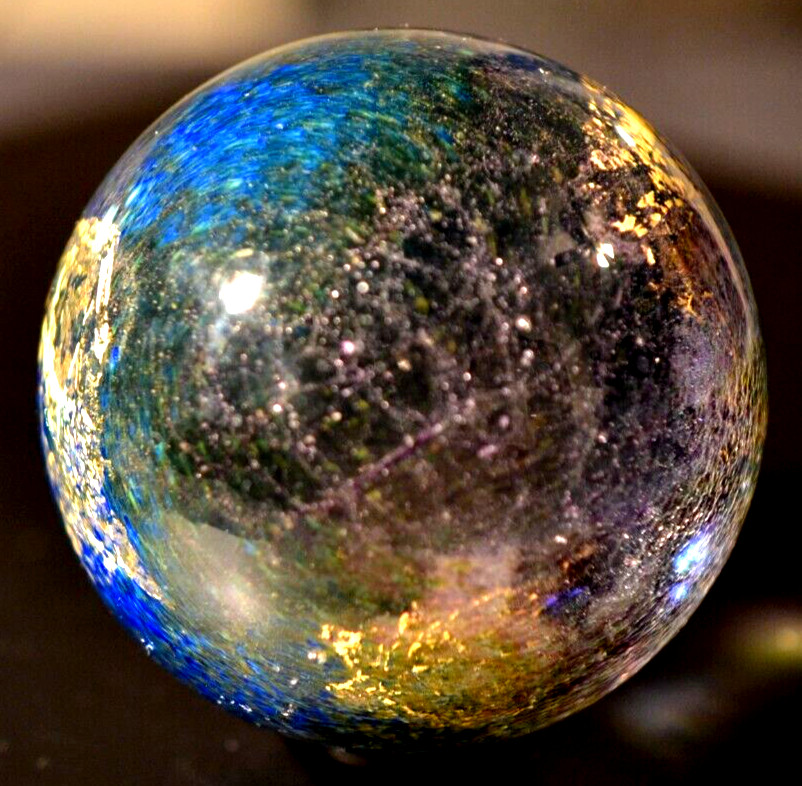 CHARLES CULBERT GLASS MARBLE/2.724″-TRANSPARENT DARK EARTH ABSTRACT-GOLD,VIOLET+