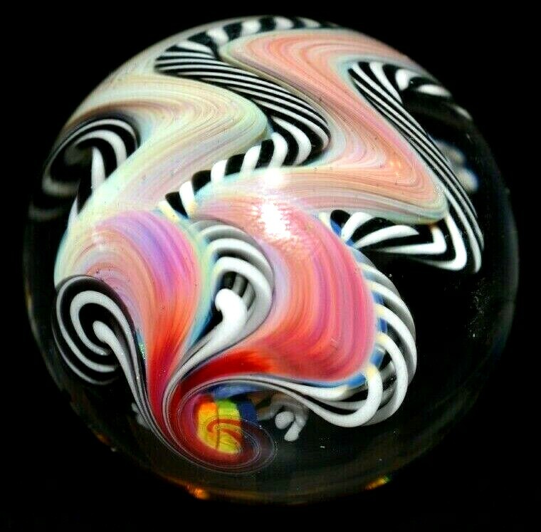 ERIC BROCK GLASS MARBLE/1.716″-FILIGRANA RAINBOW TOTEM POLE-4 FILIGRANA RIBBONS-