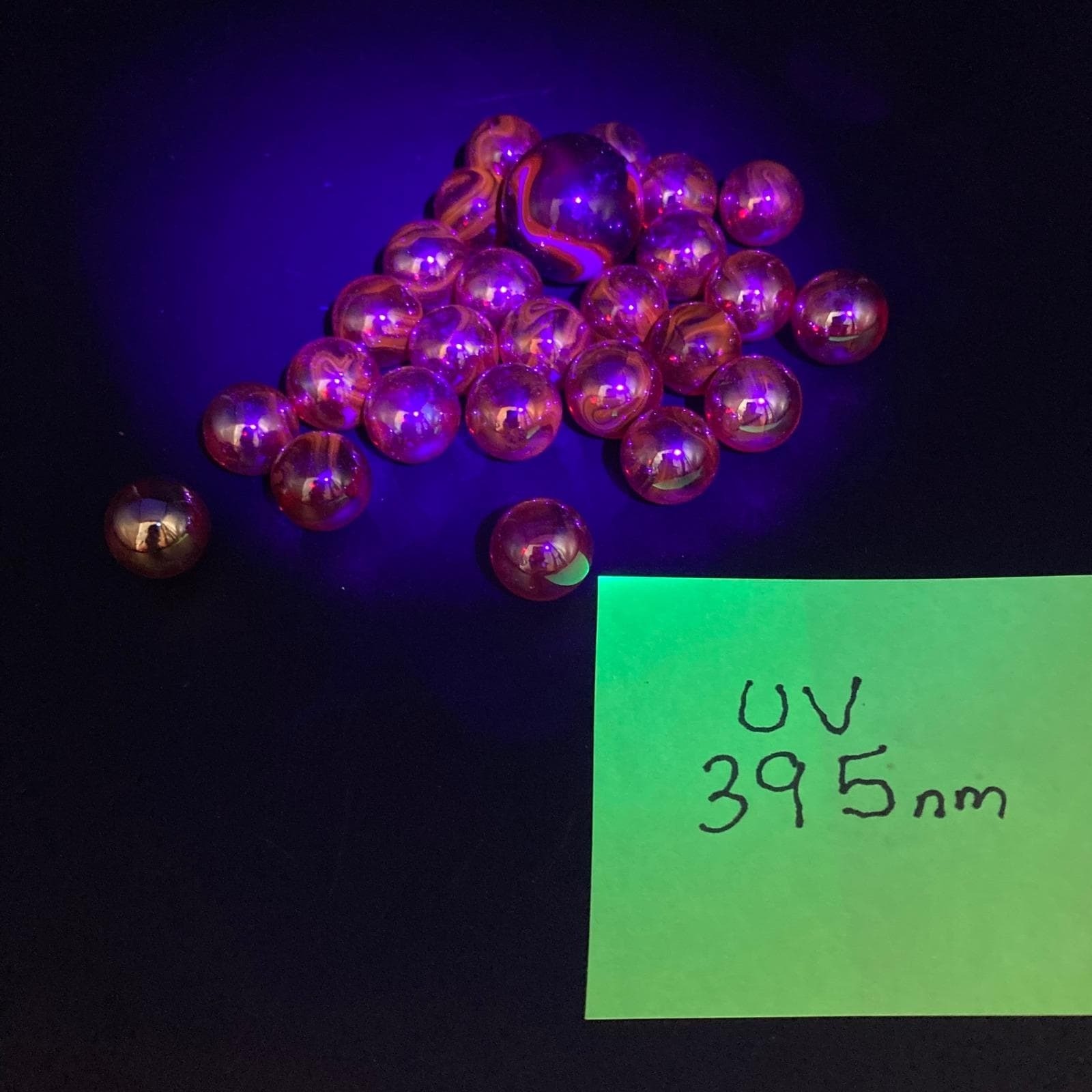 Vintage Glass Marbles / 25 Iridescent Red Orange Cadmium / Small / Glows / No 24