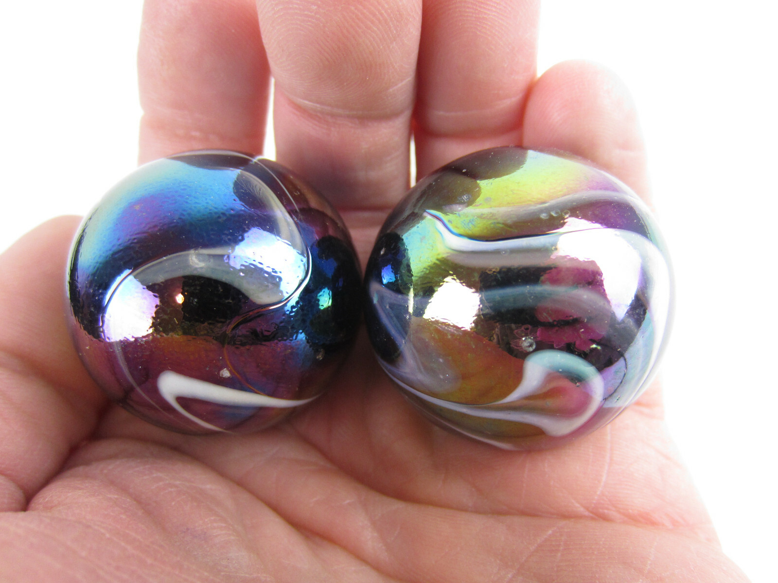 2 BOULDERS 35mm MILKY WAY Marbles glass ball oil slick LARGE HUGE Swirl