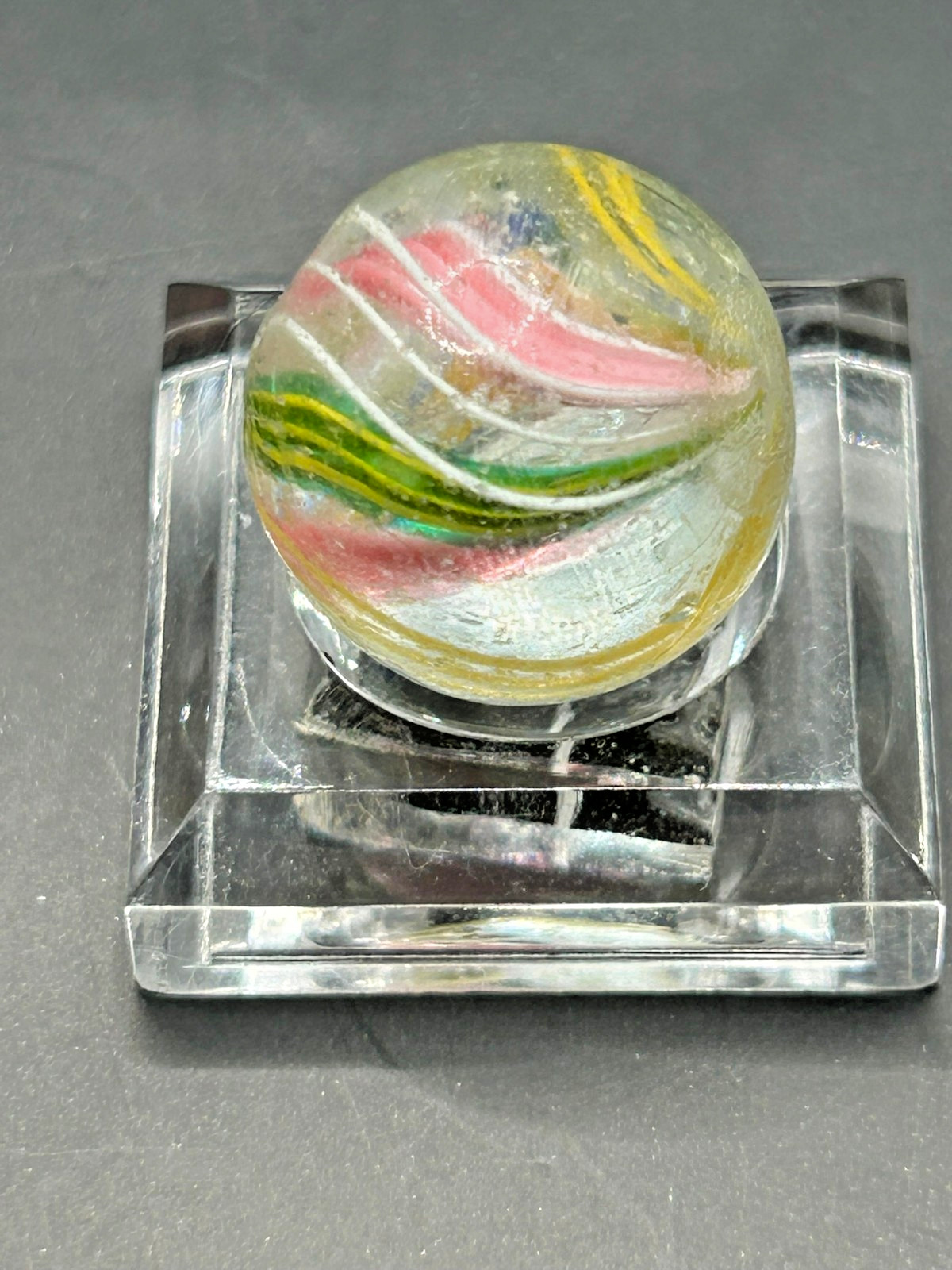 German Divided Core Latticino Swirl Marble 19/32″ NM+ Pink Yellow Green E1.29