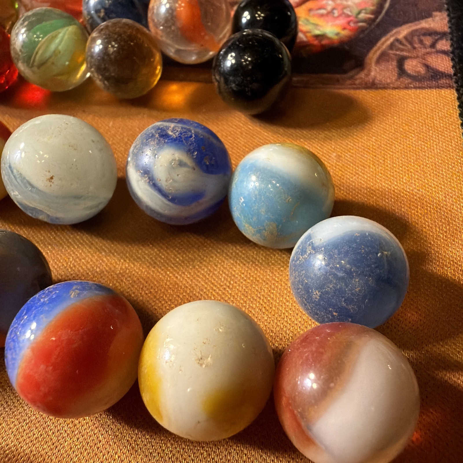 Marble Lot Of 64. Core/banded Swirl, Agate, Glass, Striped, Clay, Ribbon, Solid