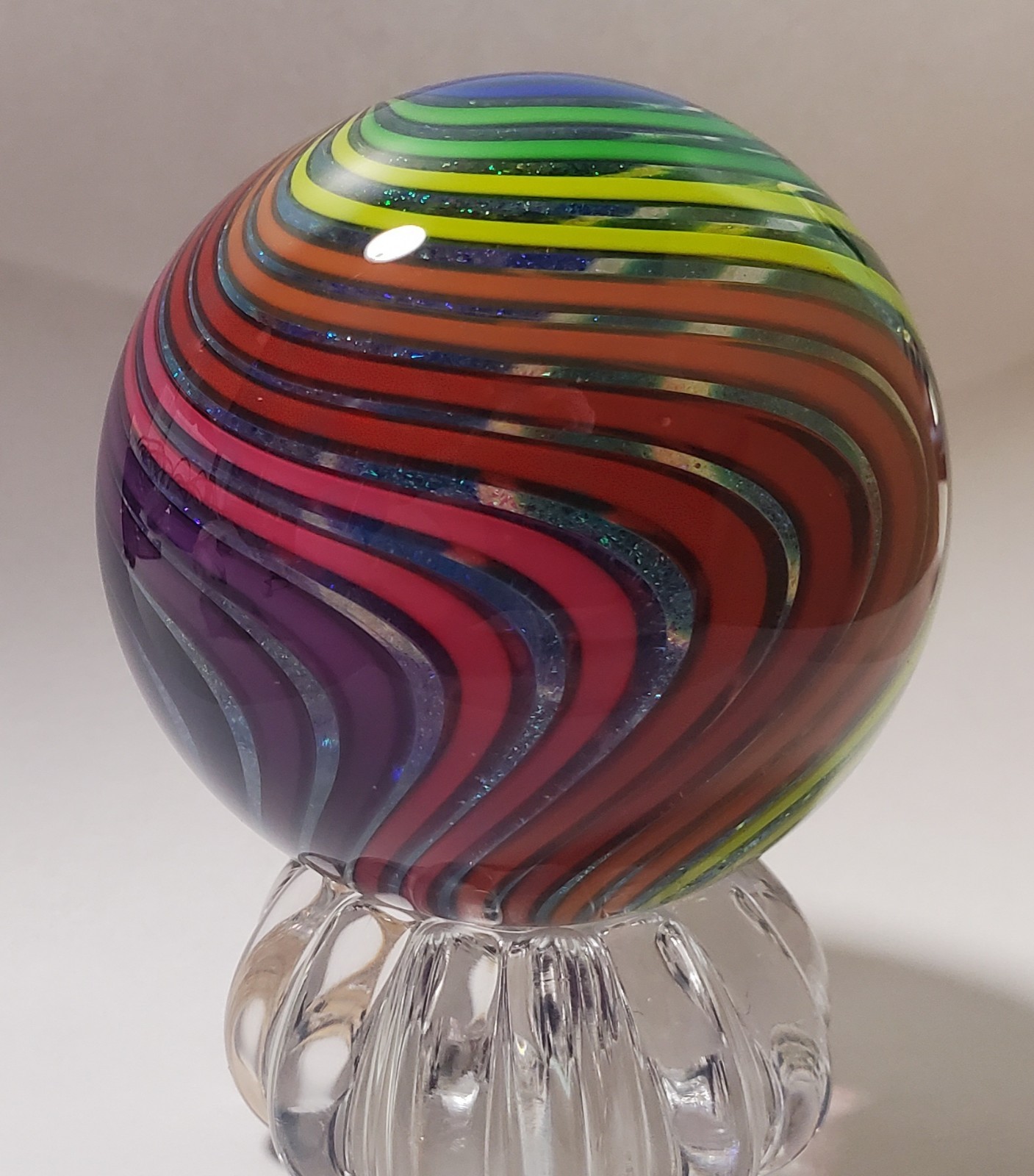 James Alloway Signed Dichroic Rainbow Swirl Marble — 2 3/8 Inches & SIGNED Base
