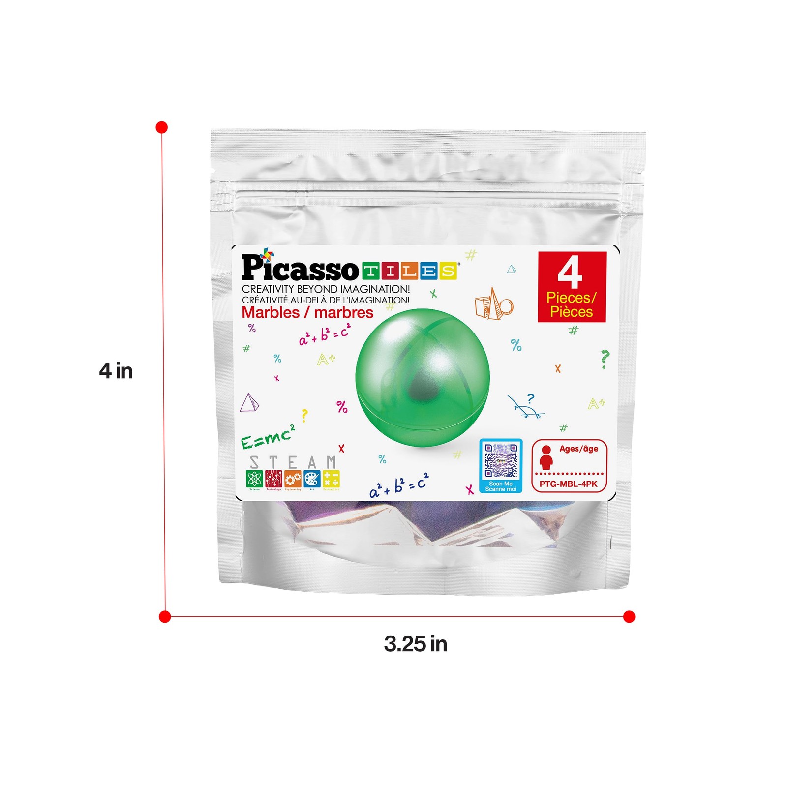 PicassoTiles 4pc Marbles for Magnetic Block Tiles Marble Medium, Multicolor
