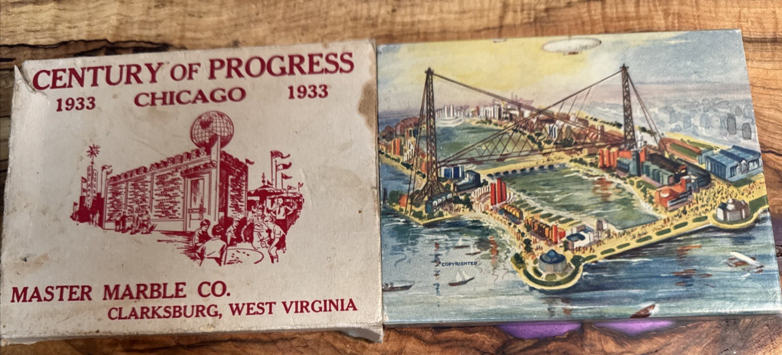 Century Of Progress 1933 Marbles – Chicago World’s Fair – Box, Postcard, Pencil