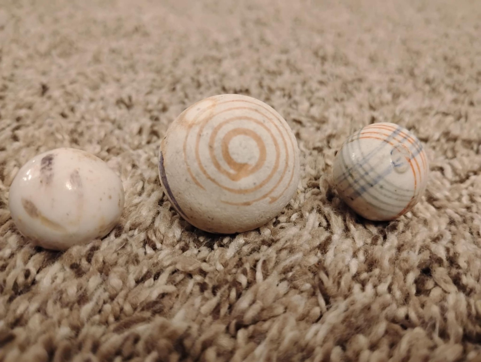 Lot of 3 Antique China Clay Marble Intersecting line Master helix swirl shooter